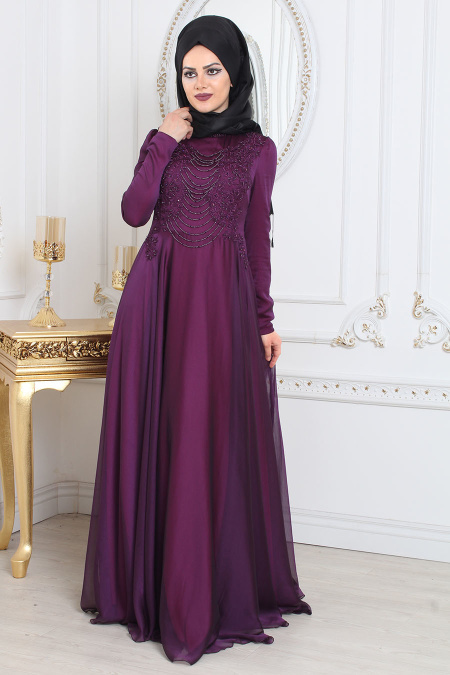 Evening Dresses - Plum Color Hijab Evening Dress 7954MU