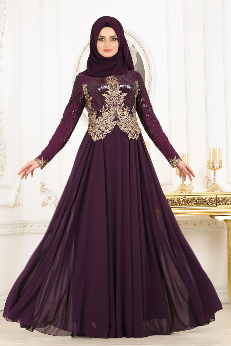 Evening Dresses - Plum Color Hijab Evening Dress 7973MU