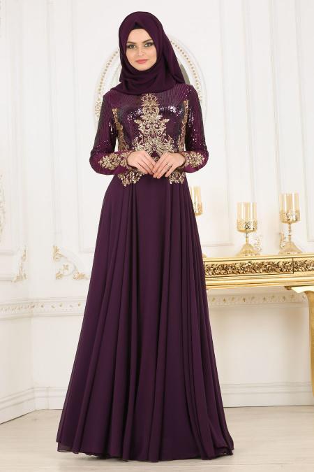 Evening Dresses - Plum Color Hijab Evening Dress 7973MU - 2