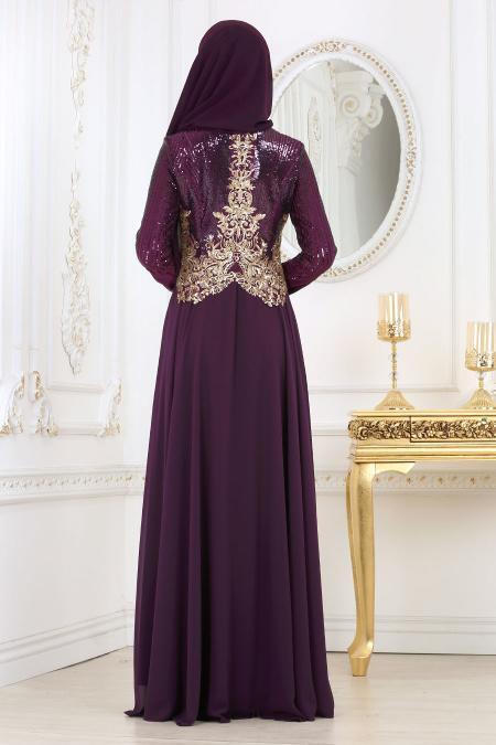 Evening Dresses - Plum Color Hijab Evening Dress 7973MU - 3