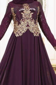Evening Dresses - Plum Color Hijab Evening Dress 7973MU - Thumbnail