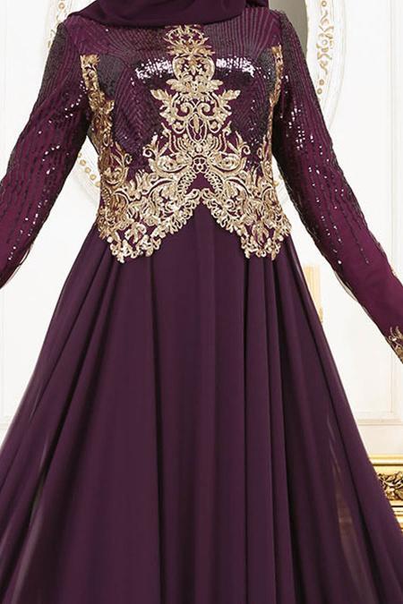 Evening Dresses - Plum Color Hijab Evening Dress 7973MU - 4