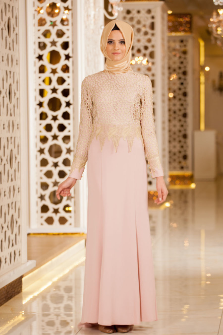 Evening Dresses - Powder Pink Hijab Dress 2165PD