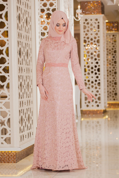 Evening Dresses - Powder Pink Hijab Dress 2166PD
