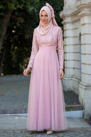 Evening Dresses - Powder Pink Hijab Dress 2197PD - 1