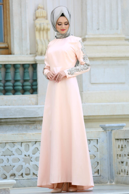Evening Dresses - Powder Pink Hijab Dress 3519PD