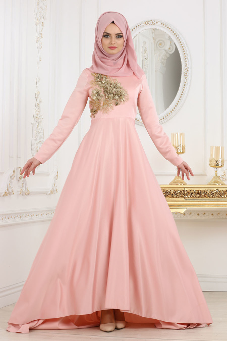Evening Dresses - Powder Pink Hijab Dress 3577PD