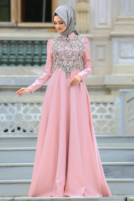 Evening Dresses - Powder Pink Hijab Dress 3589PD