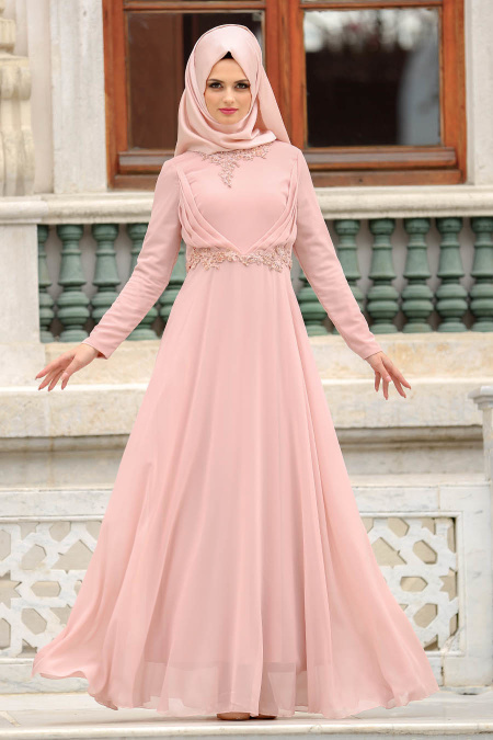 Evening Dresses - Powder Pink Hijab Dress 3607PD