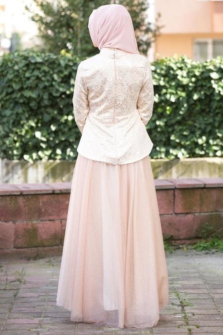 Evening Dresses - Powder Pink Hijab Dress 7068PD - 2