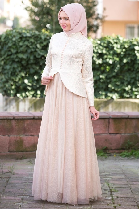 Evening Dresses - Powder Pink Hijab Dress 7068PD