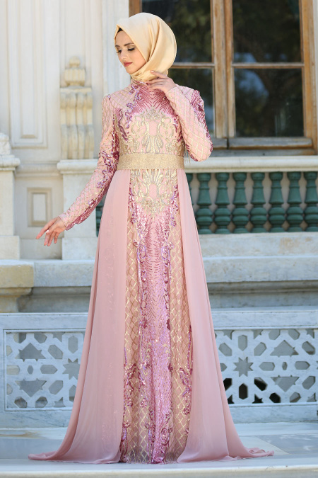 Evening Dresses - Powder Pink Hijab Dress 7553PD