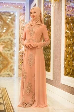 Evening Dresses - Powder Pink Hijab Dress 7573PD - 1