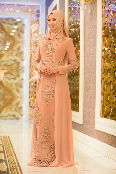 Evening Dresses - Powder Pink Hijab Dress 7573PD
