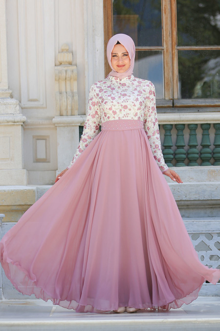 Evening Dresses - Powder Pink Hijab Dress 7617PD