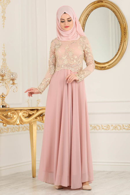 Evening Dresses - Powder Pink Hijab Dress 76462PD