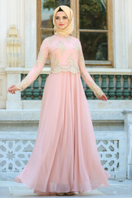 Evening Dresses - Powder Pink Hijab Dress 76465PD - Thumbnail