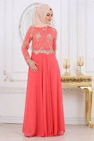 Evening Dresses - Powder Pink Hijab Dress 7646NC - Thumbnail