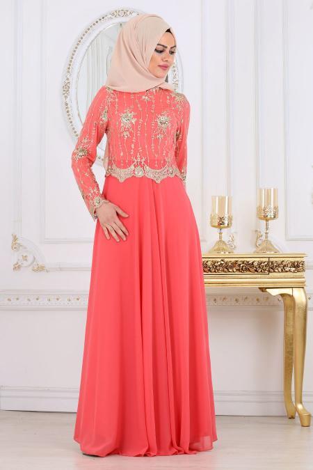 Evening Dresses - Powder Pink Hijab Dress 7646NC - 2