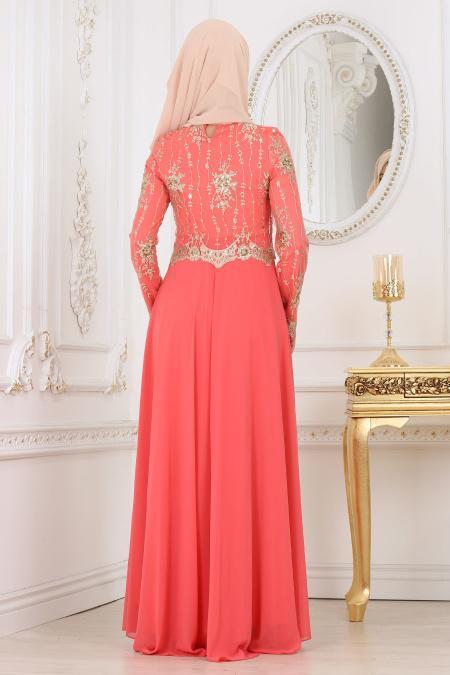 Evening Dresses - Powder Pink Hijab Dress 7646NC - 3