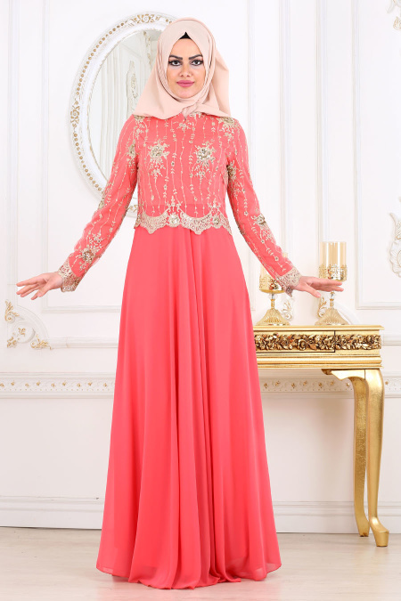 Evening Dresses - Powder Pink Hijab Dress 7646NC