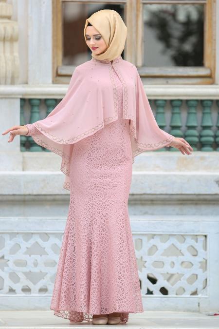 Evening Dresses - Powder Pink Hijab Dress 7658PD - 2