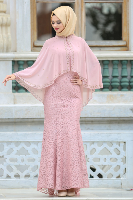 Evening Dresses - Powder Pink Hijab Dress 7658PD