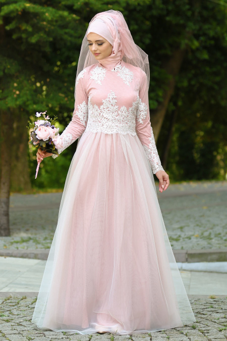 Evening Dresses - Powder Pink Hijab Dress 7659PD