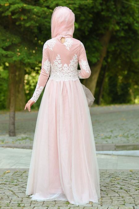 Evening Dresses - Powder Pink Hijab Dress 7659PD - 3