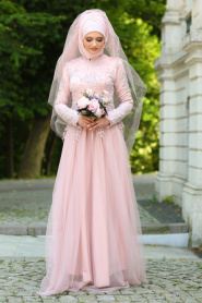 Evening Dresses - Powder Pink Hijab Dress 7691PD - Thumbnail