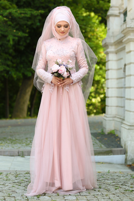 Evening Dresses - Powder Pink Hijab Dress 7691PD