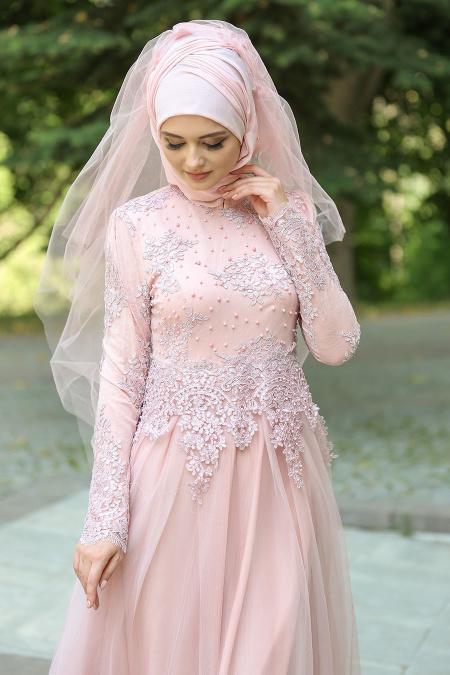 Evening Dresses - Powder Pink Hijab Dress 7691PD - 2