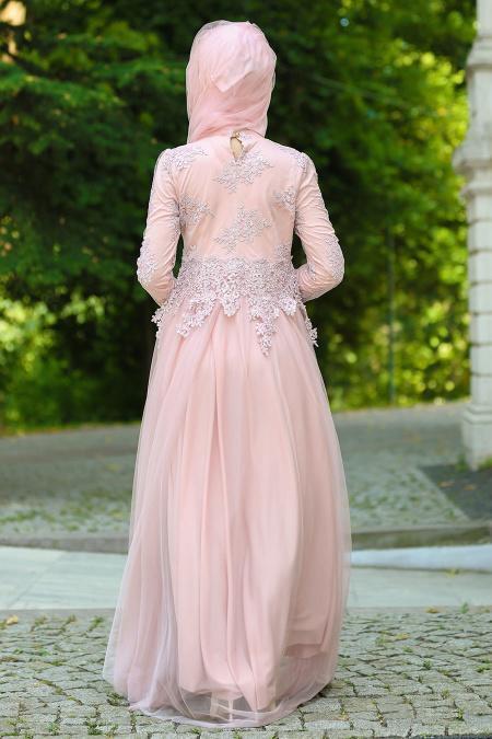 Evening Dresses - Powder Pink Hijab Dress 7691PD - 3