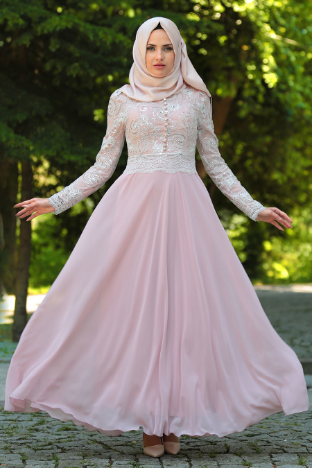 Evening Dresses - Powder Pink Hijab Dress 7697PD