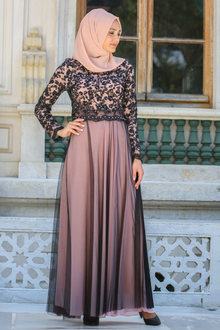 Evening Dresses - Powder Pink Hijab Dress 7727PD