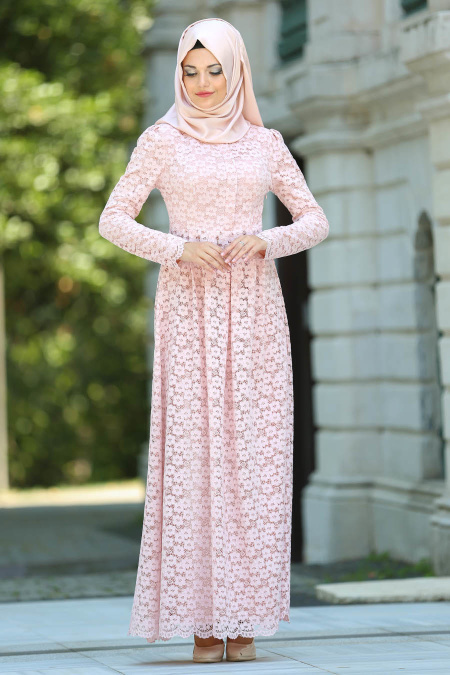 Evening Dresses - Powder Pink Hijab Dress 7774PD