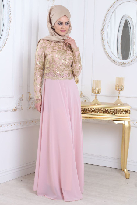 Evening Dresses - Powder Pink Hijab Dress 79410PD