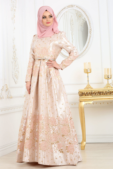 Evening Dresses - Powder Pink Hijab Dress 8158PD