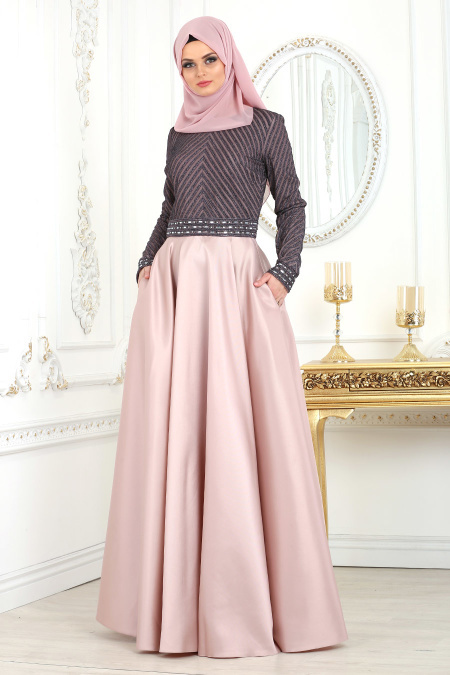Evening Dresses - Powder Pink Hijab Evening Dress 4387PD