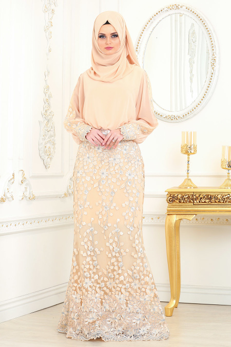 Evening Dresses - Powder Pink Hijab Evening Dress 4544PD