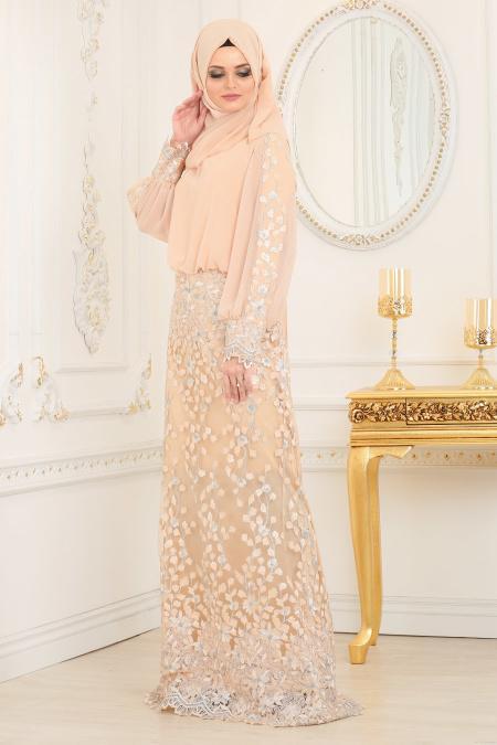 Evening Dresses - Powder Pink Hijab Evening Dress 4544PD - 2