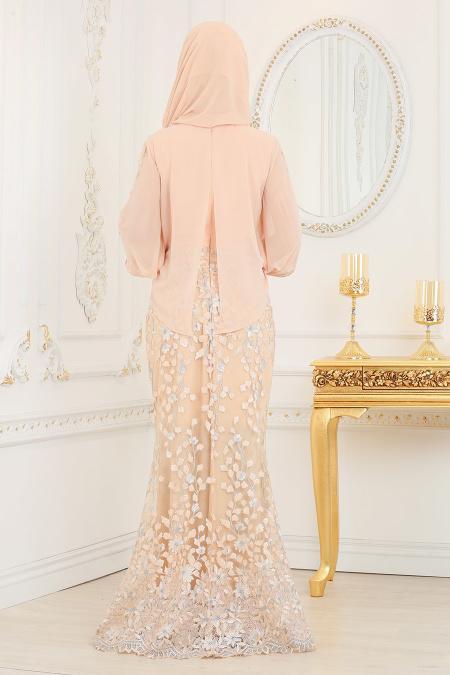 Evening Dresses - Powder Pink Hijab Evening Dress 4544PD - 3