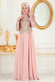Evening Dresses - Powder Pink Hijab Evening Dress 7973PD - Thumbnail