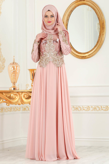 Evening Dresses - Powder Pink Hijab Evening Dress 7973PD