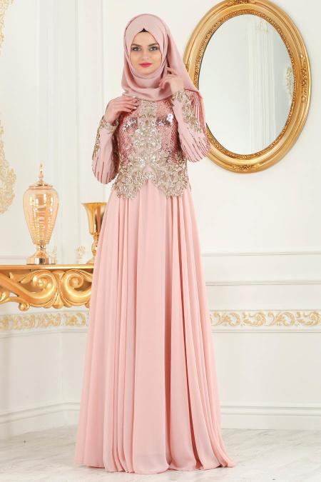 Evening Dresses - Powder Pink Hijab Evening Dress 7973PD - 1