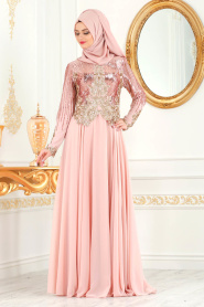 Evening Dresses - Powder Pink Hijab Evening Dress 7973PD - Thumbnail