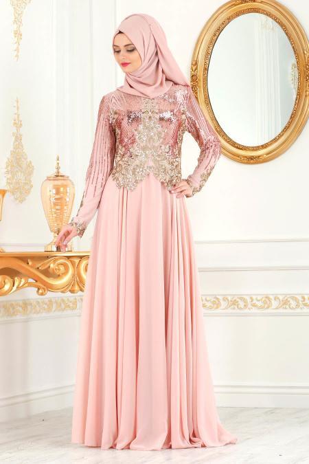 Evening Dresses - Powder Pink Hijab Evening Dress 7973PD - 2