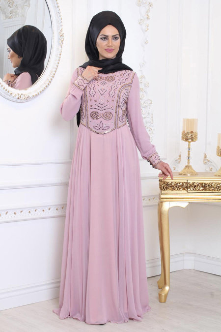 Evening Dresses - Powder Pink Hijab Evening Dress 7977PD