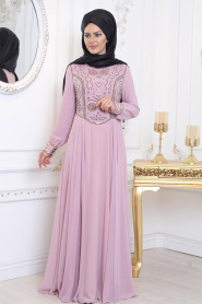 Evening Dresses - Powder Pink Hijab Evening Dress 7977PD - Thumbnail