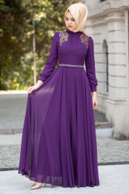 Evening Dresses - Purple Hijab Dress 2156MOR - Thumbnail